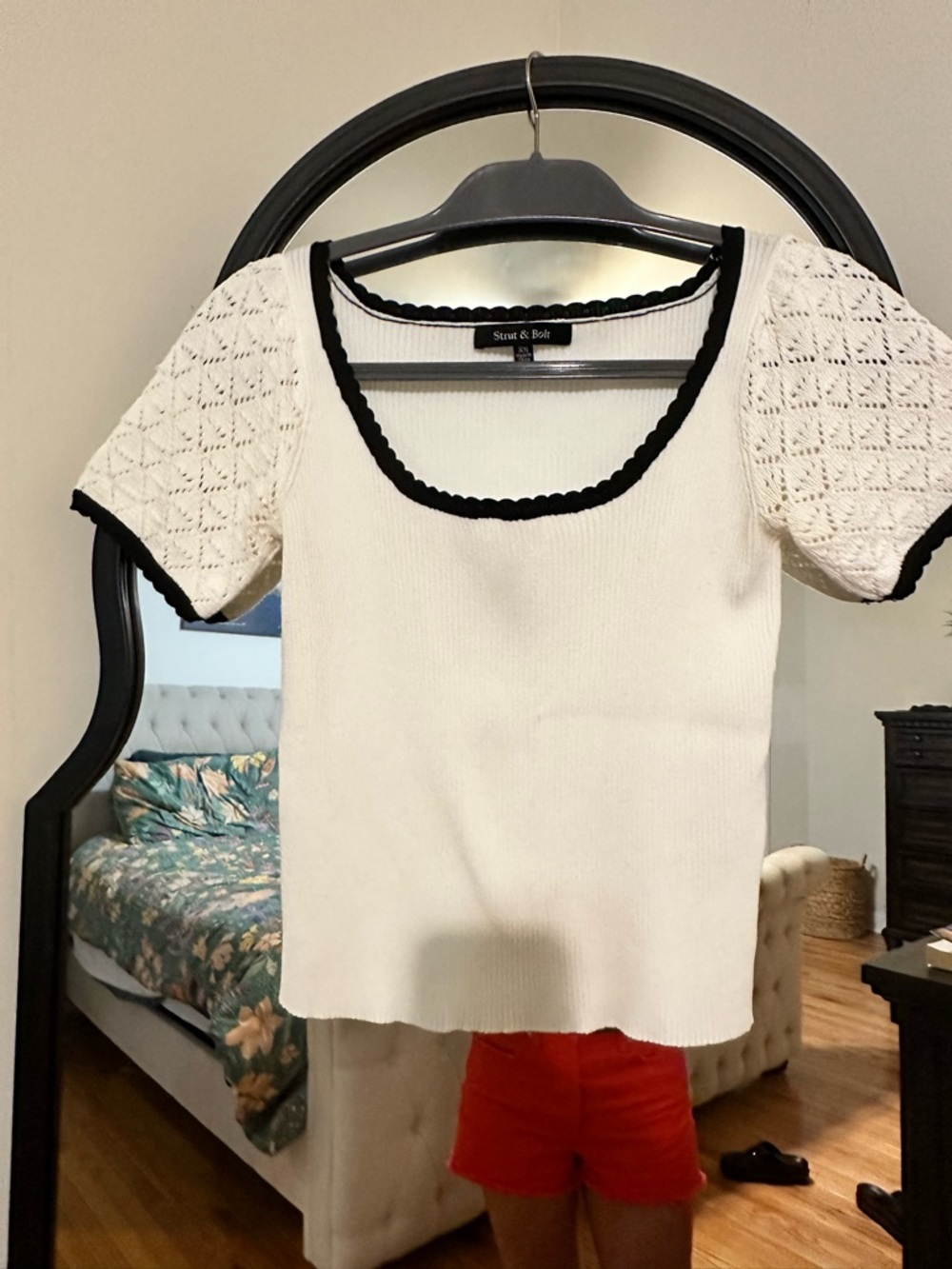 White Knit Scoop Neck Top with Black Trim